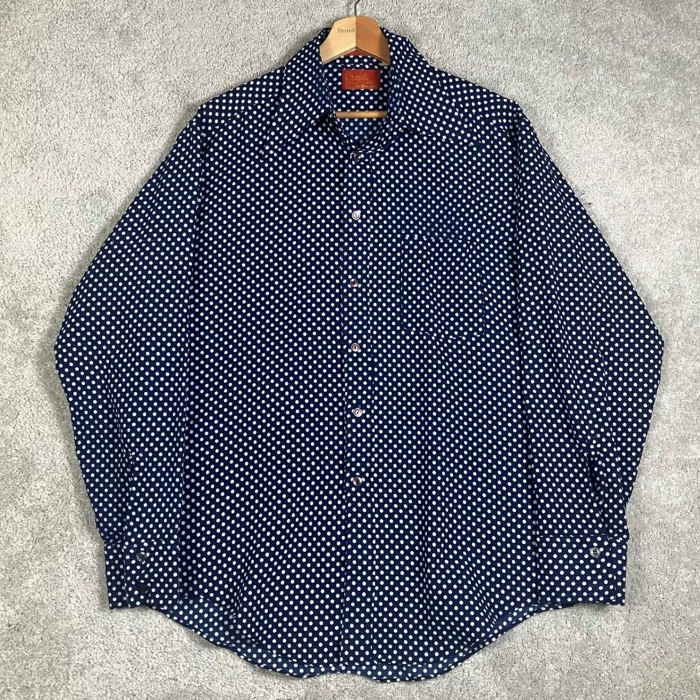 Vintage 70s Sears Kings Road Mens Blue Polka Dot Disco Shirt 16 Large Dagger - Picture 2 of 14